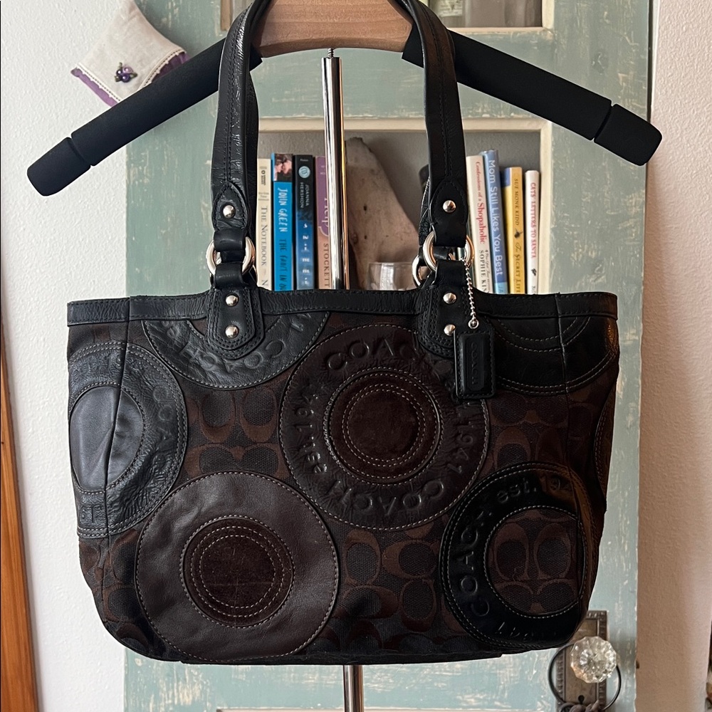 Coach Black and Brown Circle patchwork tote